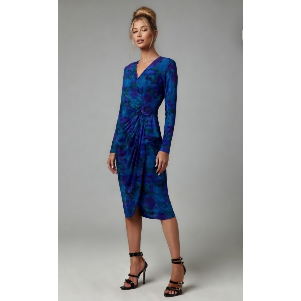Vtg 80s St Gillian Silk Dress 6 Cocktail Midi Wrap Blue Purple Floral Ruched